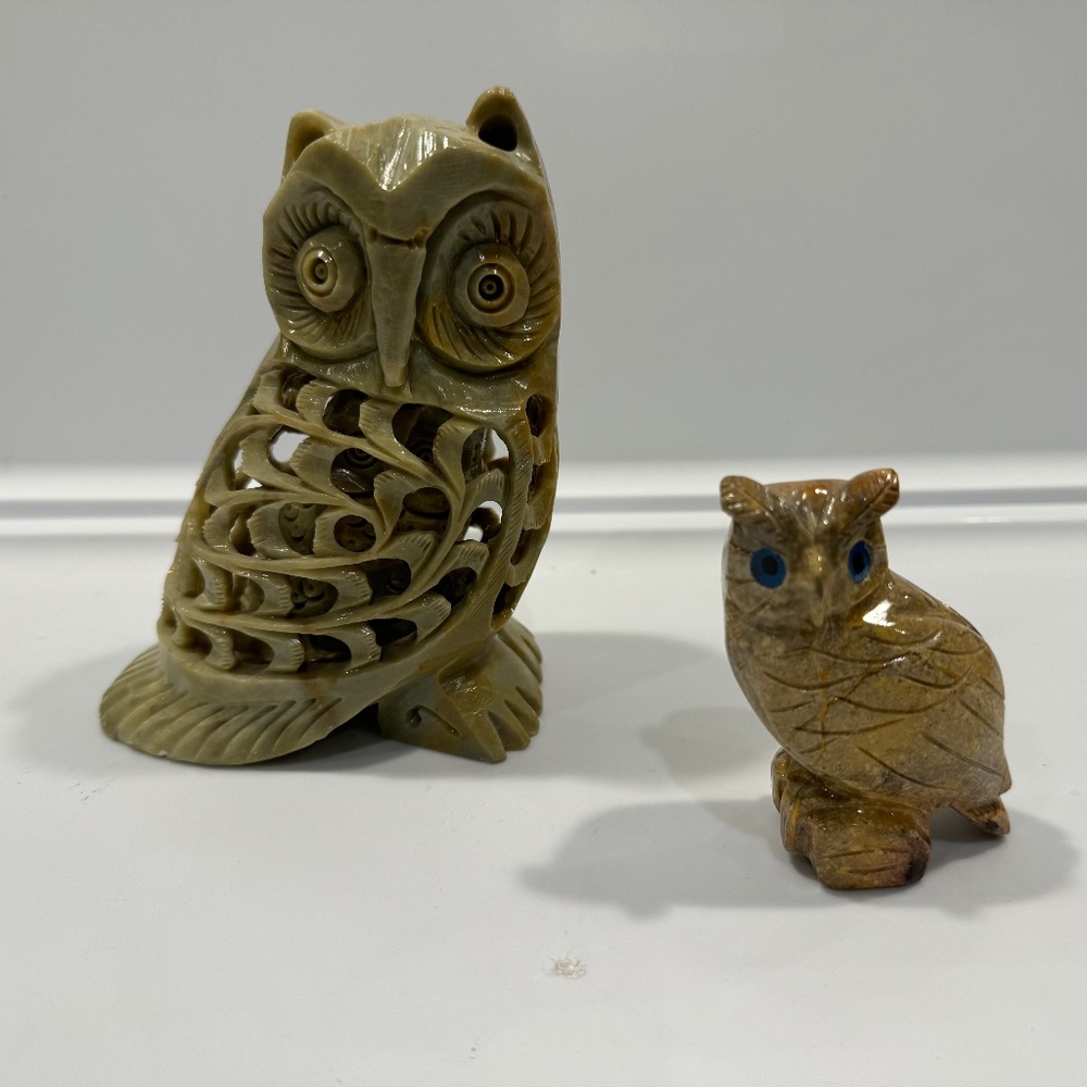 Jadeite hand carved owl and a small hand carved granite owl